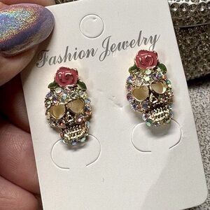 💀Fashion Jewelry Skull Earrings with Red Rose and Multicolor Crystals